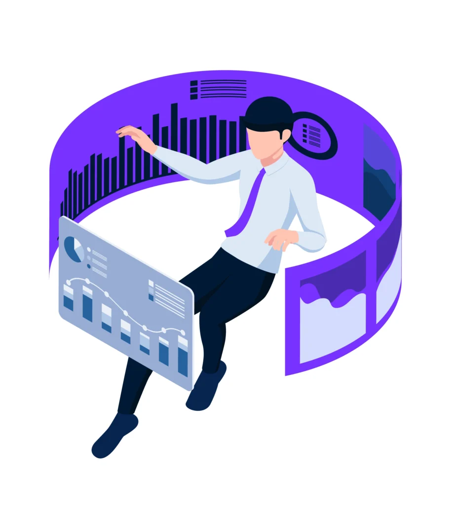Business expert analyzing data with immersive charts and graphs.
