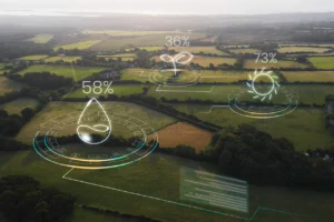 Aerial view of farmland with digital AgTech overlays showing crop, water, and sunlight analytics