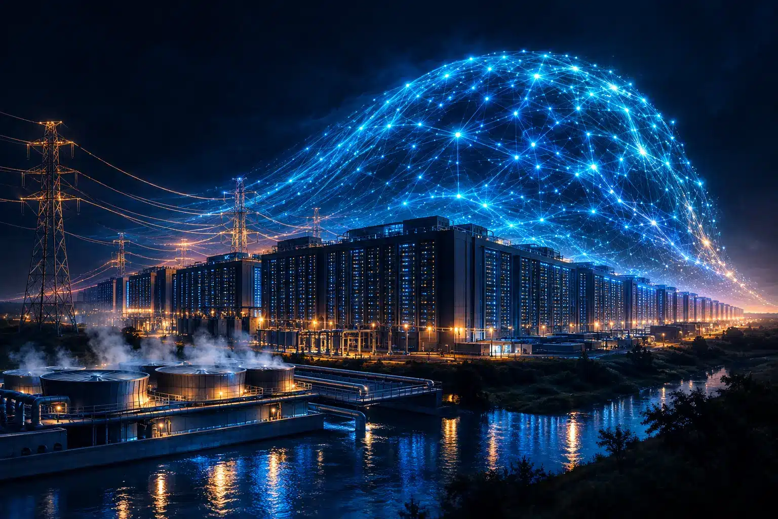 AI data center showing electricity demand, cooling systems, power infrastructure, and a glowing neural network at night