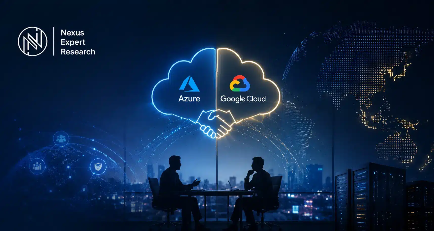 Azure and Google Cloud logos over a handshake with two professionals meeting, Nexus Expert Research cloud partner case study