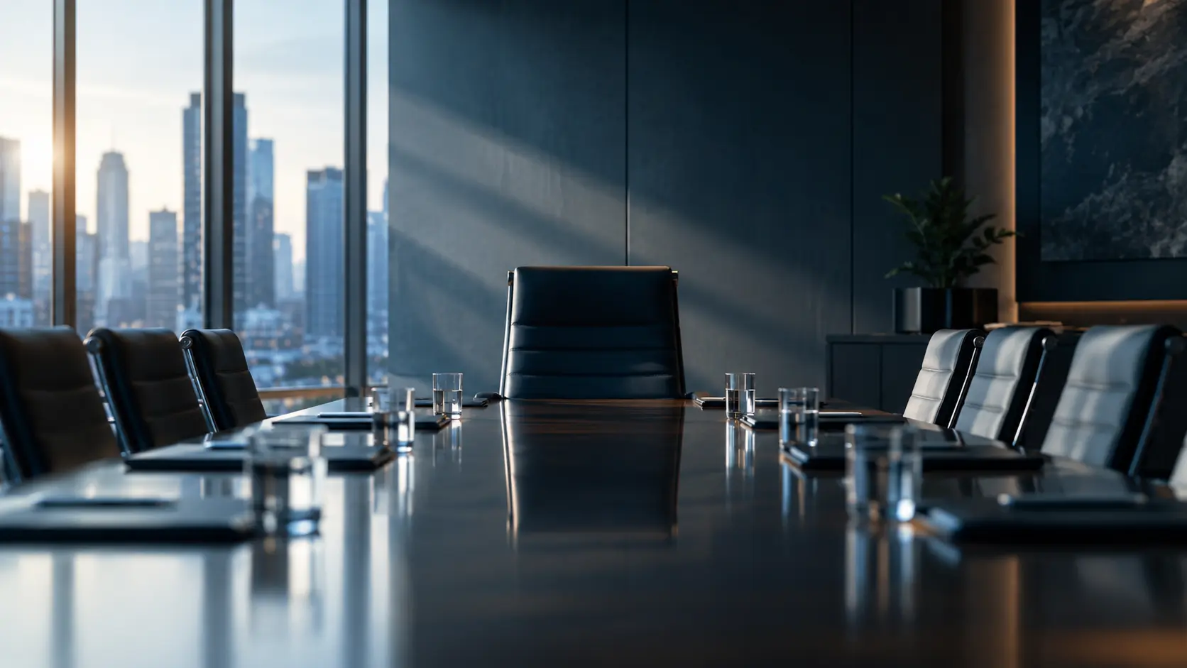 Empty executive chair at the head of a modern corporate boardroom table