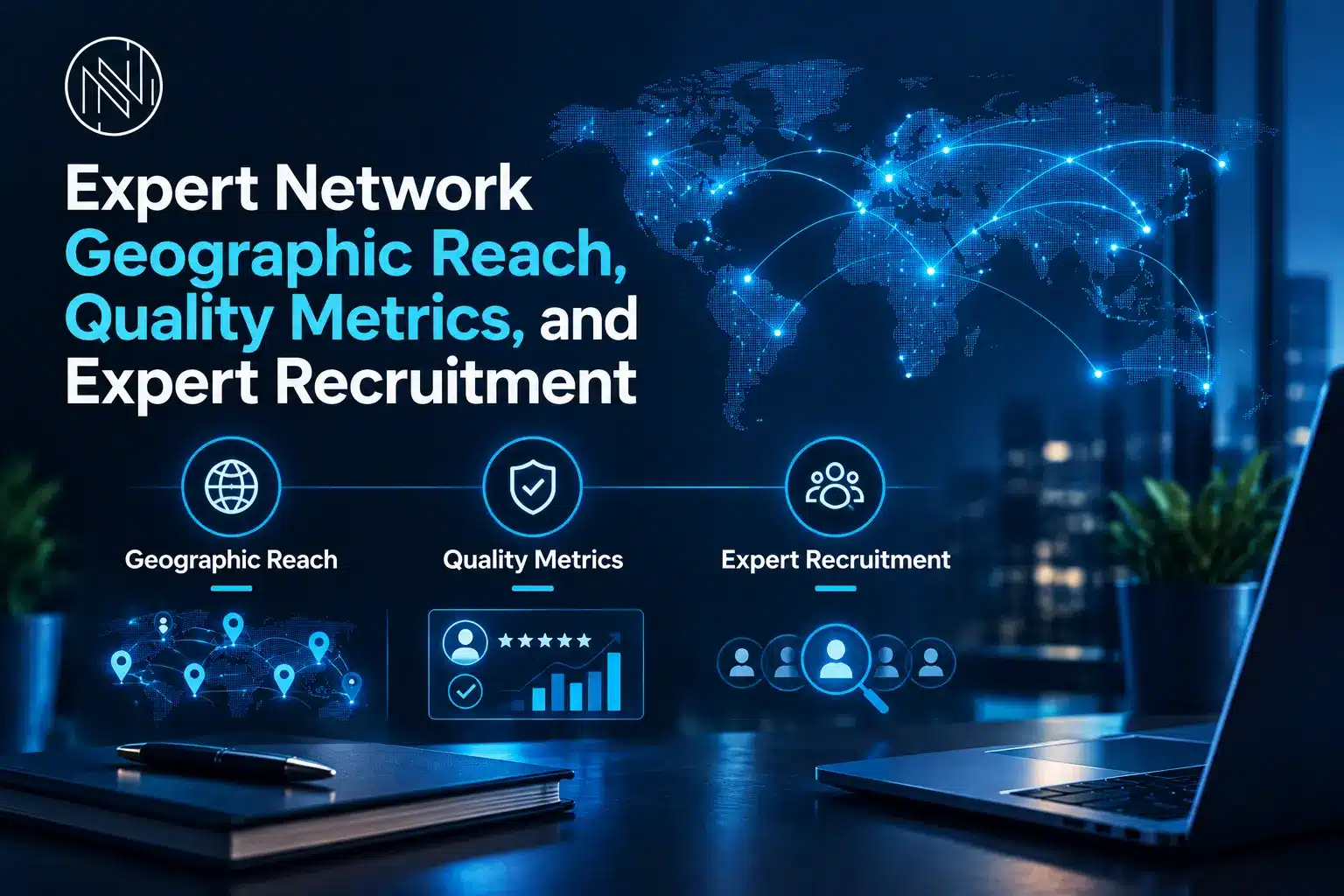 Three expert network evaluation criteria — geographic reach, quality metrics and expert recruitment — with a global network map