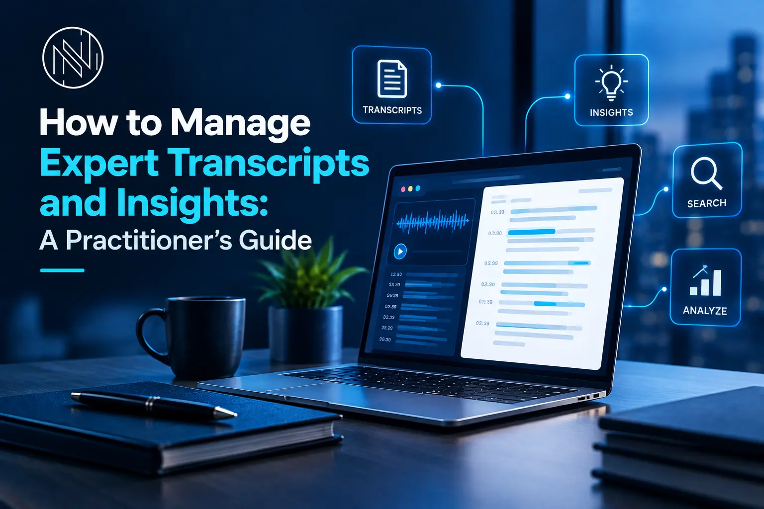 Expert transcript workflow on a laptop, moving from recorded transcripts to insights, search and analysis
