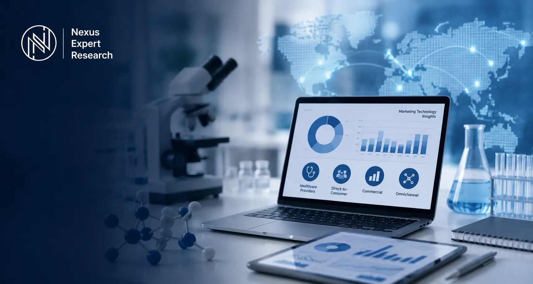 Life sciences MarTech dashboard on a laptop in a lab, showing four marketing segments — Nexus Expert Research case study