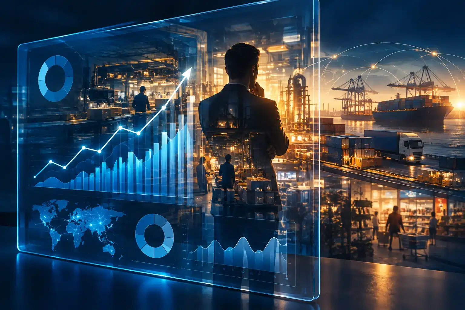 Market research illustration showing clear data charts in front of a hidden industry insider and complex industrial operations.