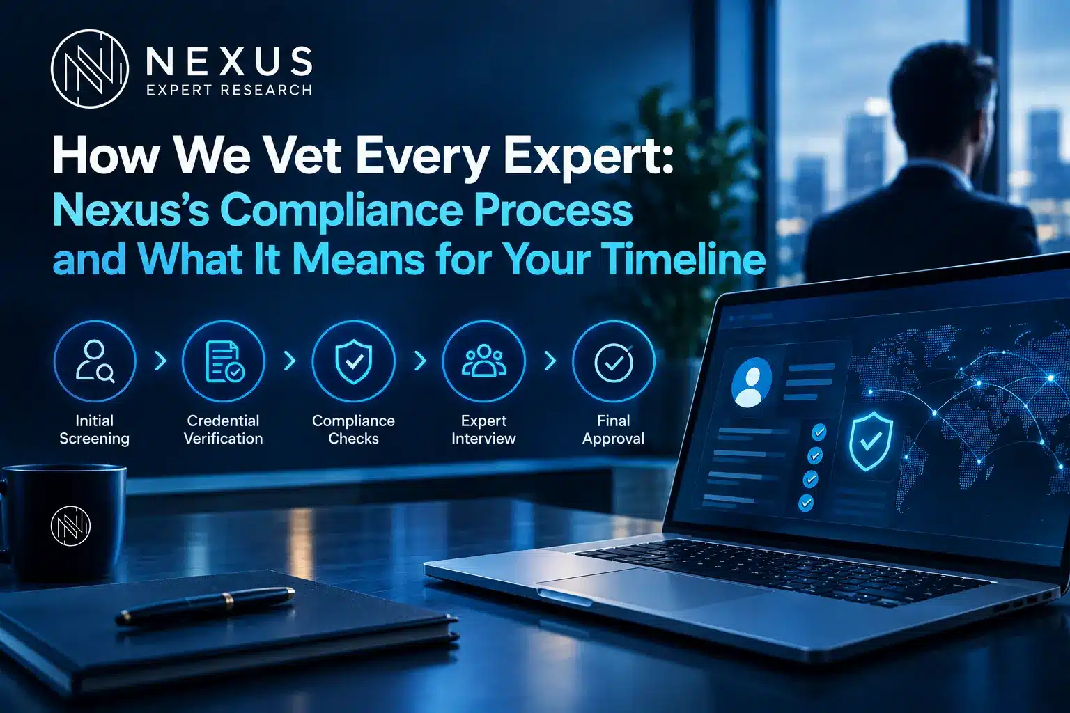 Five-stage expert vetting flow: initial screening, credential verification, compliance checks, expert interview, final approval