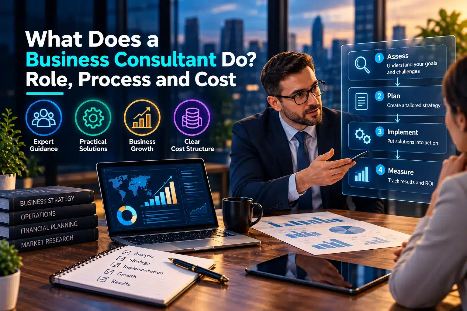 Business consultant discussing strategy with a client, featuring the consulting process, business growth, expert guidance, and cost structure.