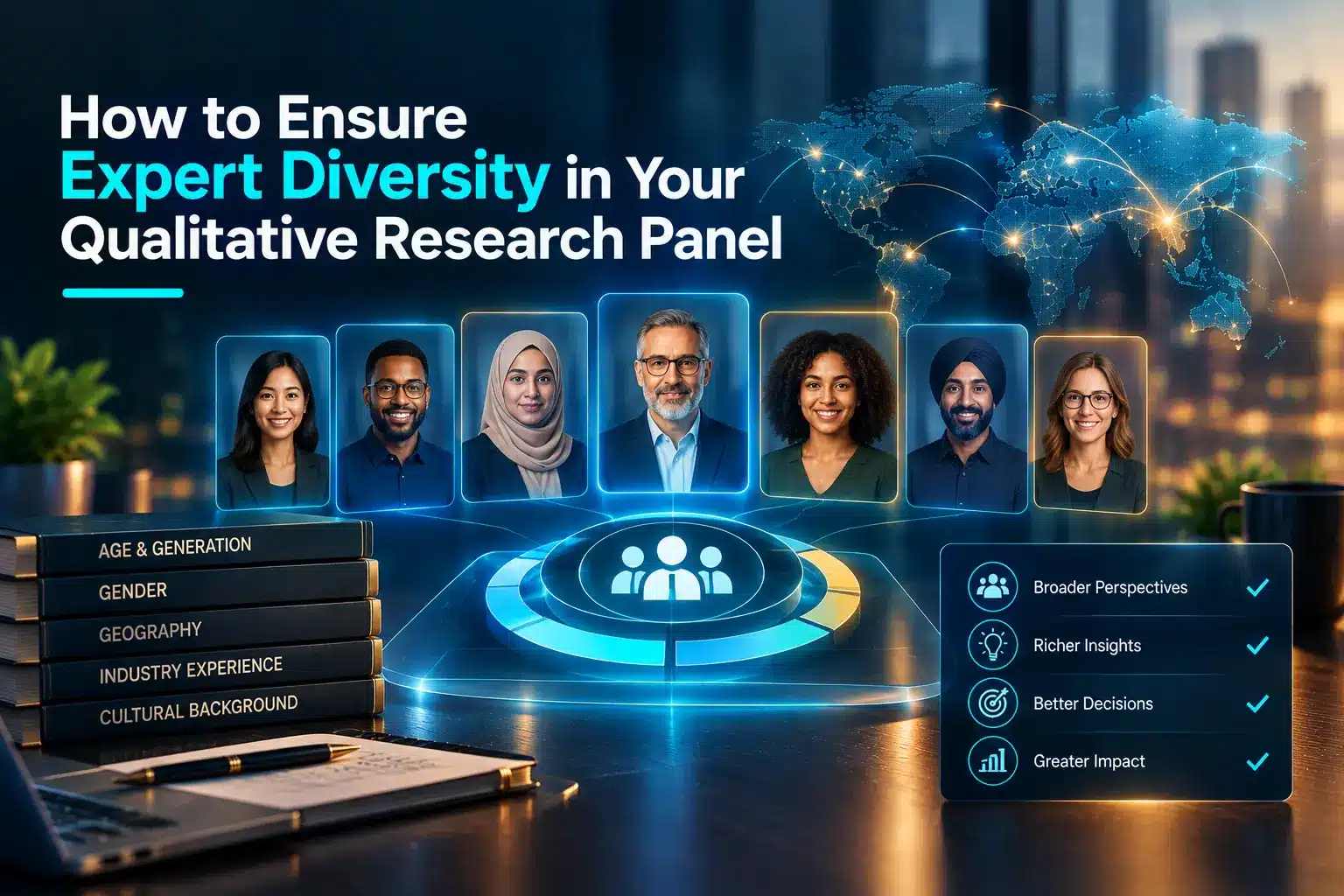 Expert diversity in qualitative research panels, featuring professionals from varied backgrounds, industries, and geographic regions.