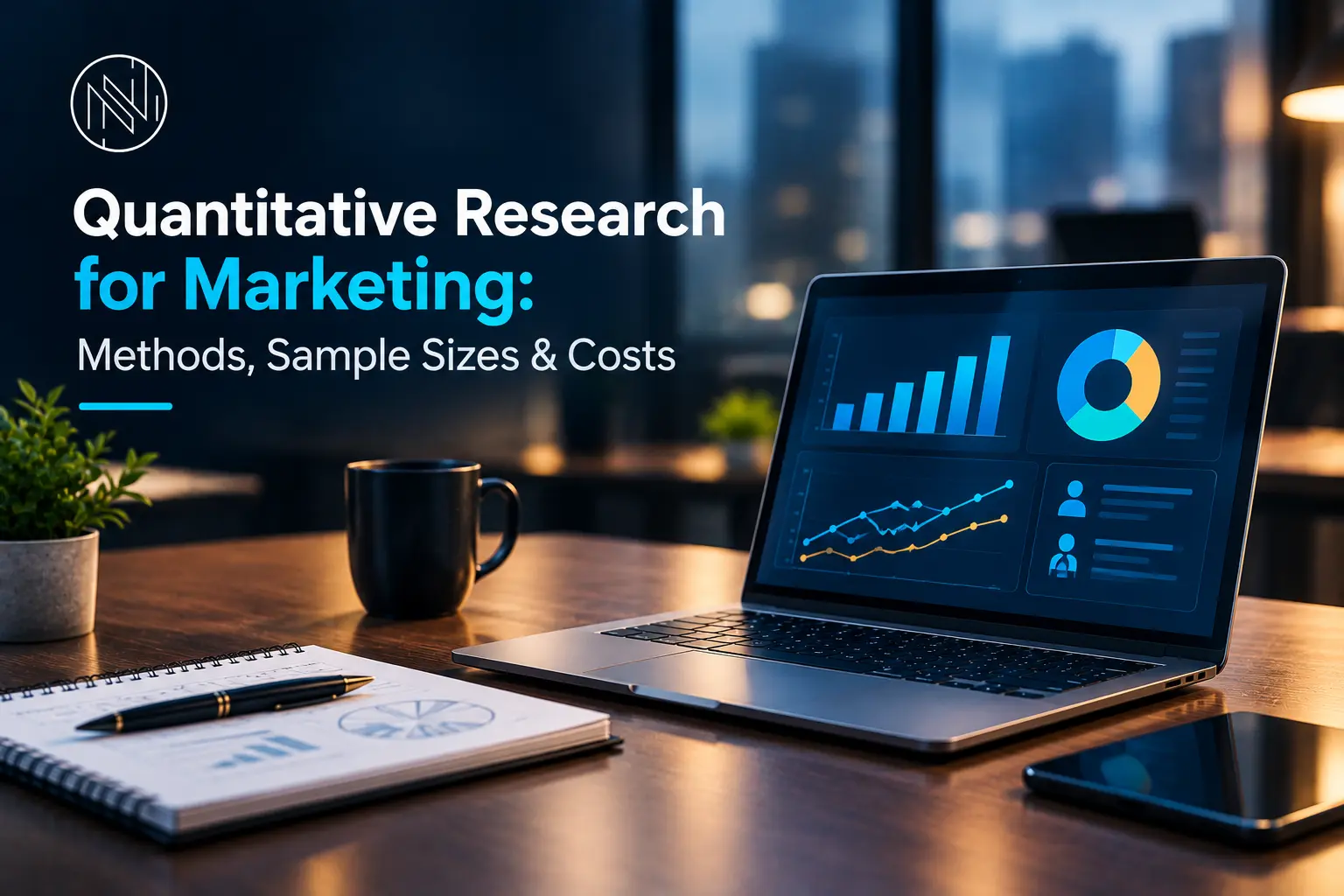 Quantitative research for marketing showing methods, sample sizes, costs, and analytics dashboards