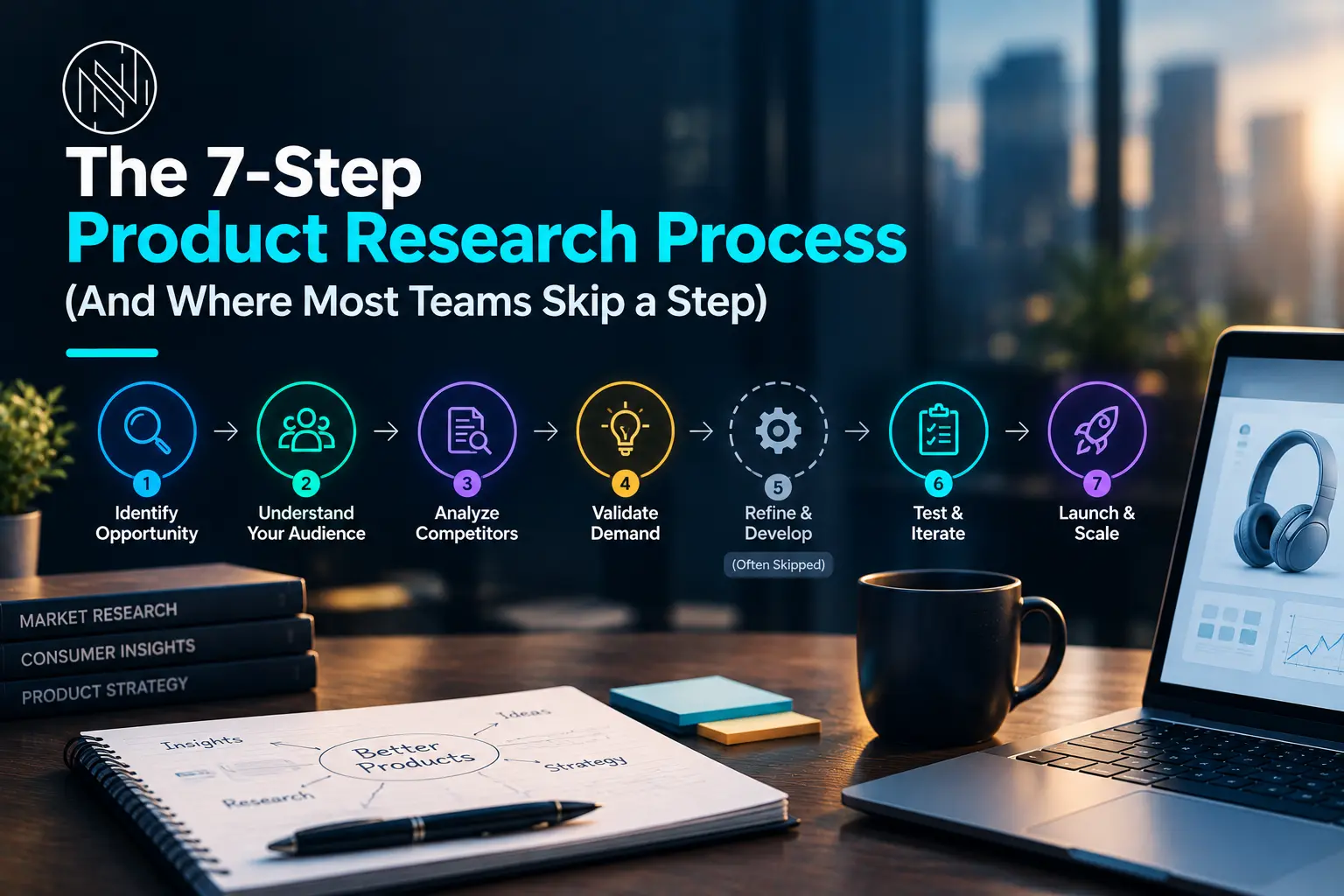 7-step product research process showing opportunity identification, audience research, competitor analysis, demand validation, product development, testing, and launch